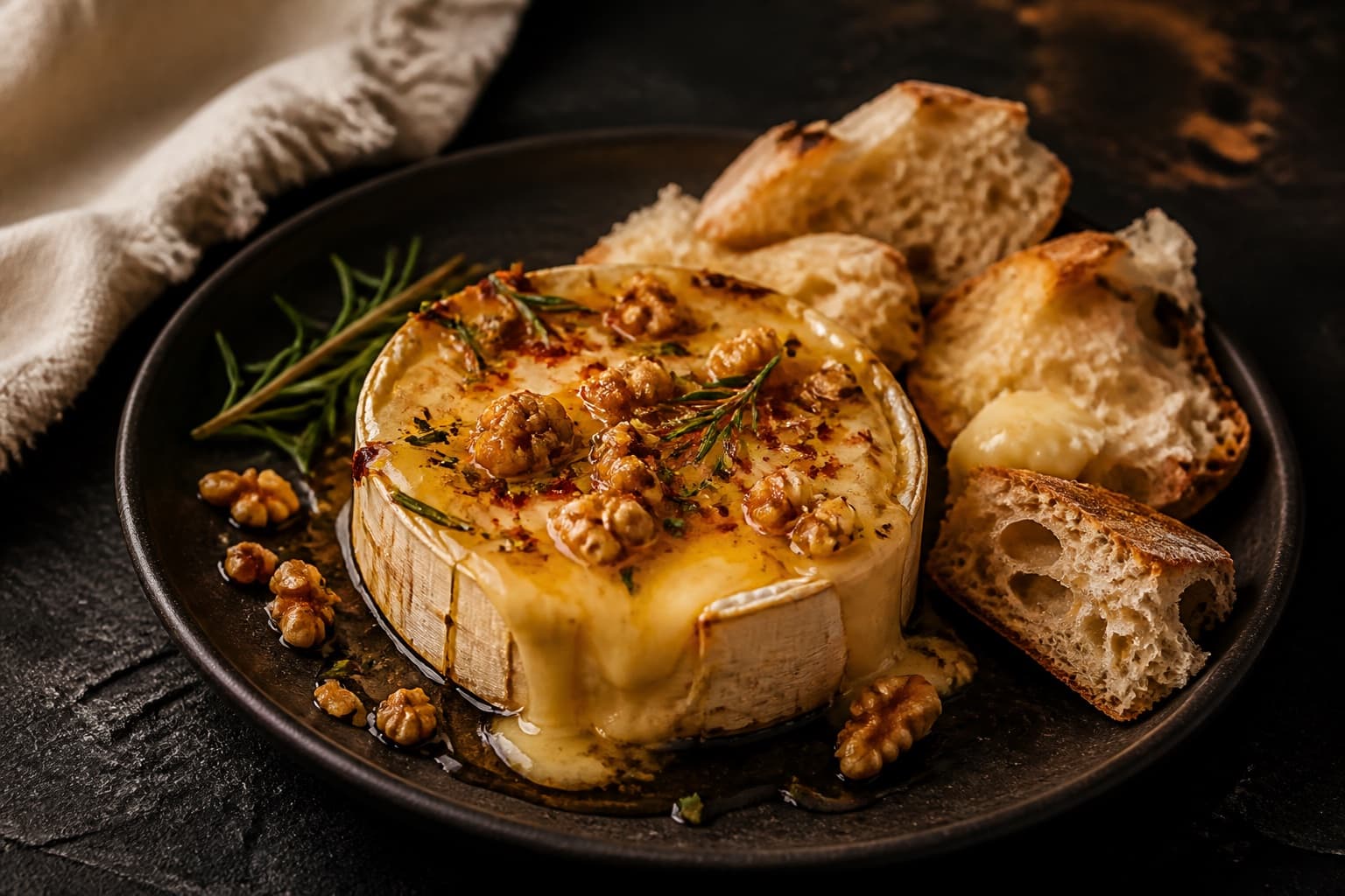 Запечённый камамбер с мёдом, розмарином, грецкими орехами и хлебом